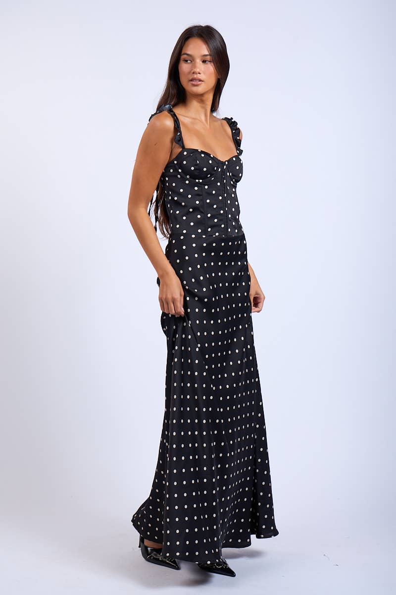 Rustic Charm Maxi Dress- Black Polka Dot