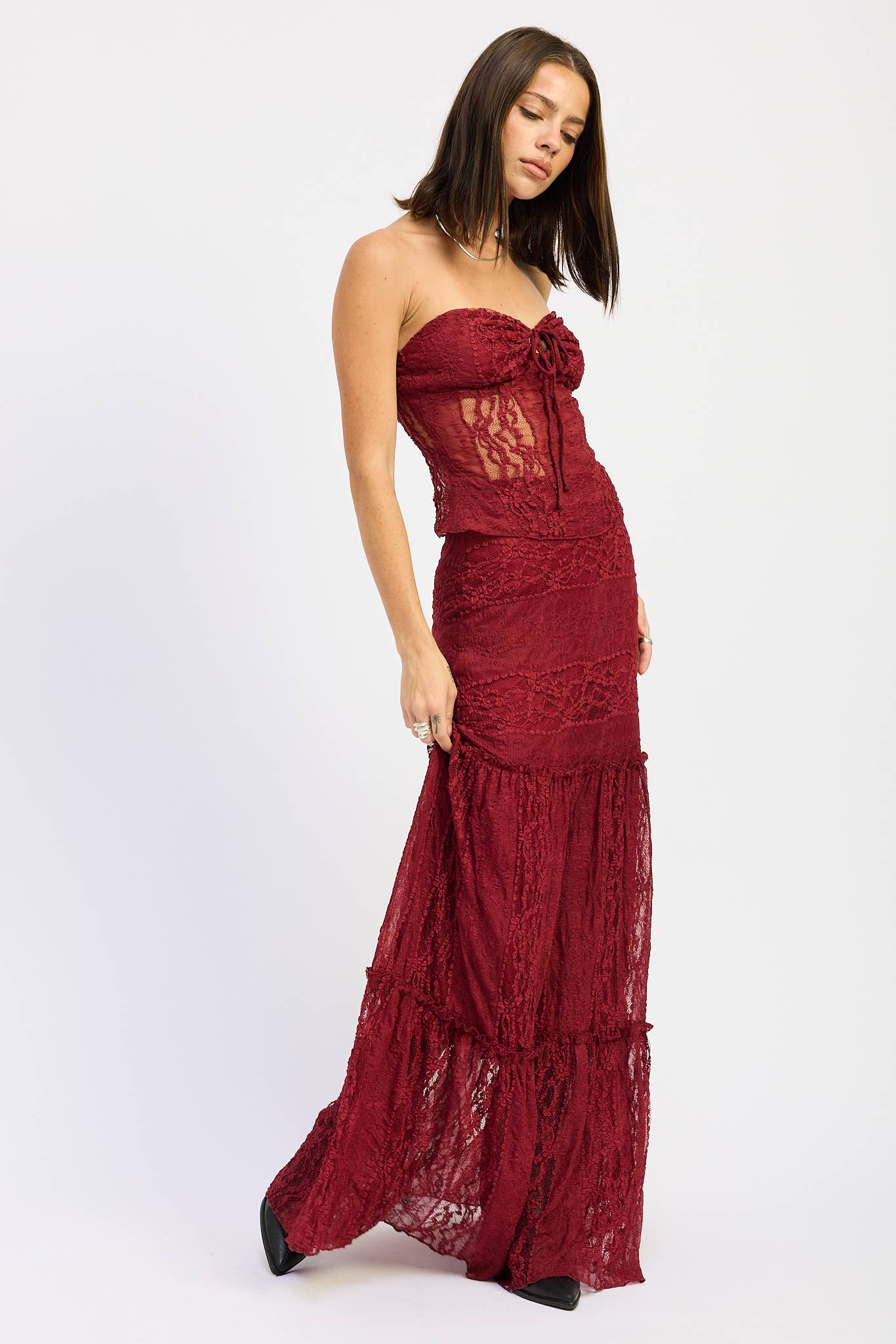 lace tube top dress Bandeau Frill Hem Mini Dress In Pink Lace | EGO US