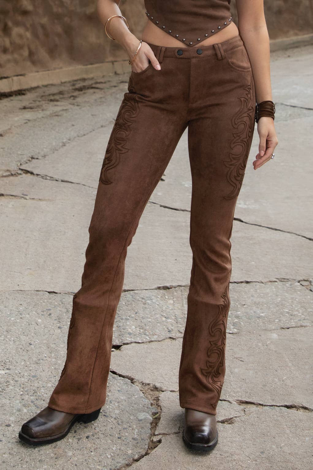 Zahara Suede Western Embossed Pants
