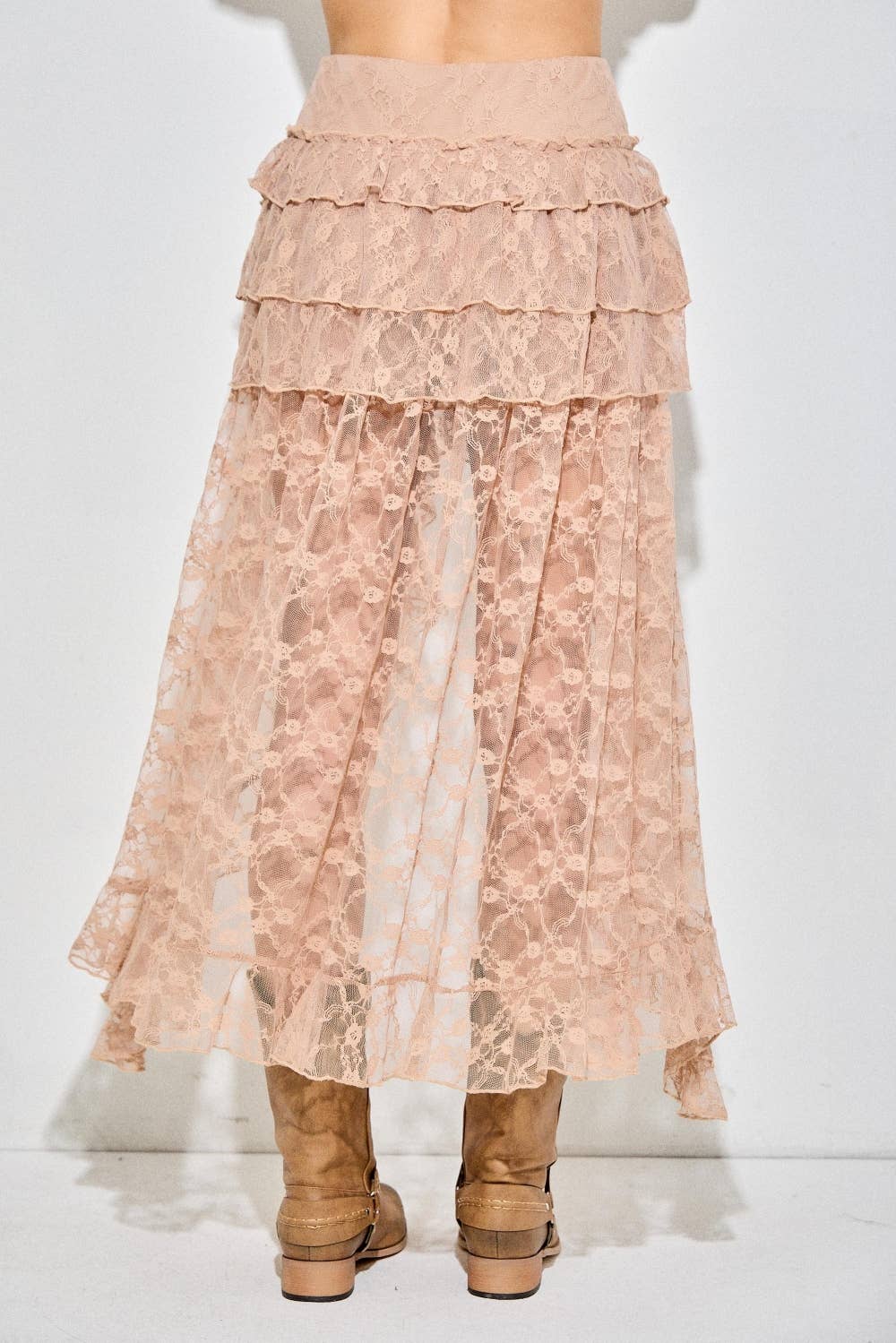 Lace Ruffle Tiered High-Low Maxi Skirt