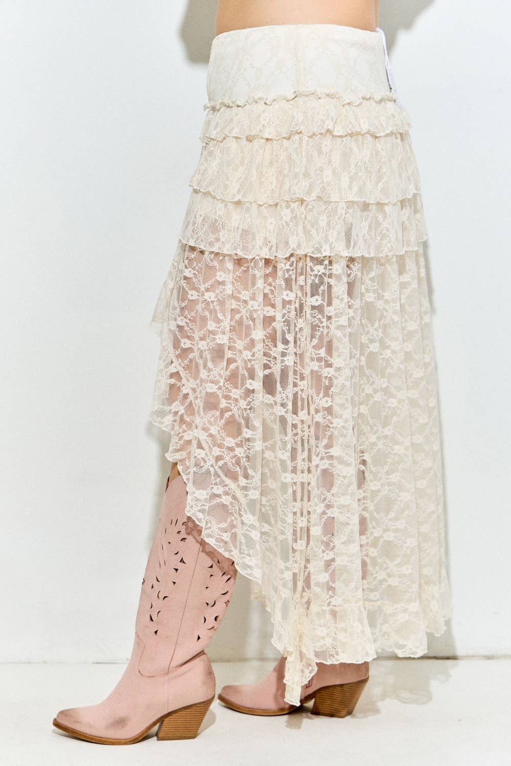 Lace Ruffle Tiered High-Low Maxi Skirt