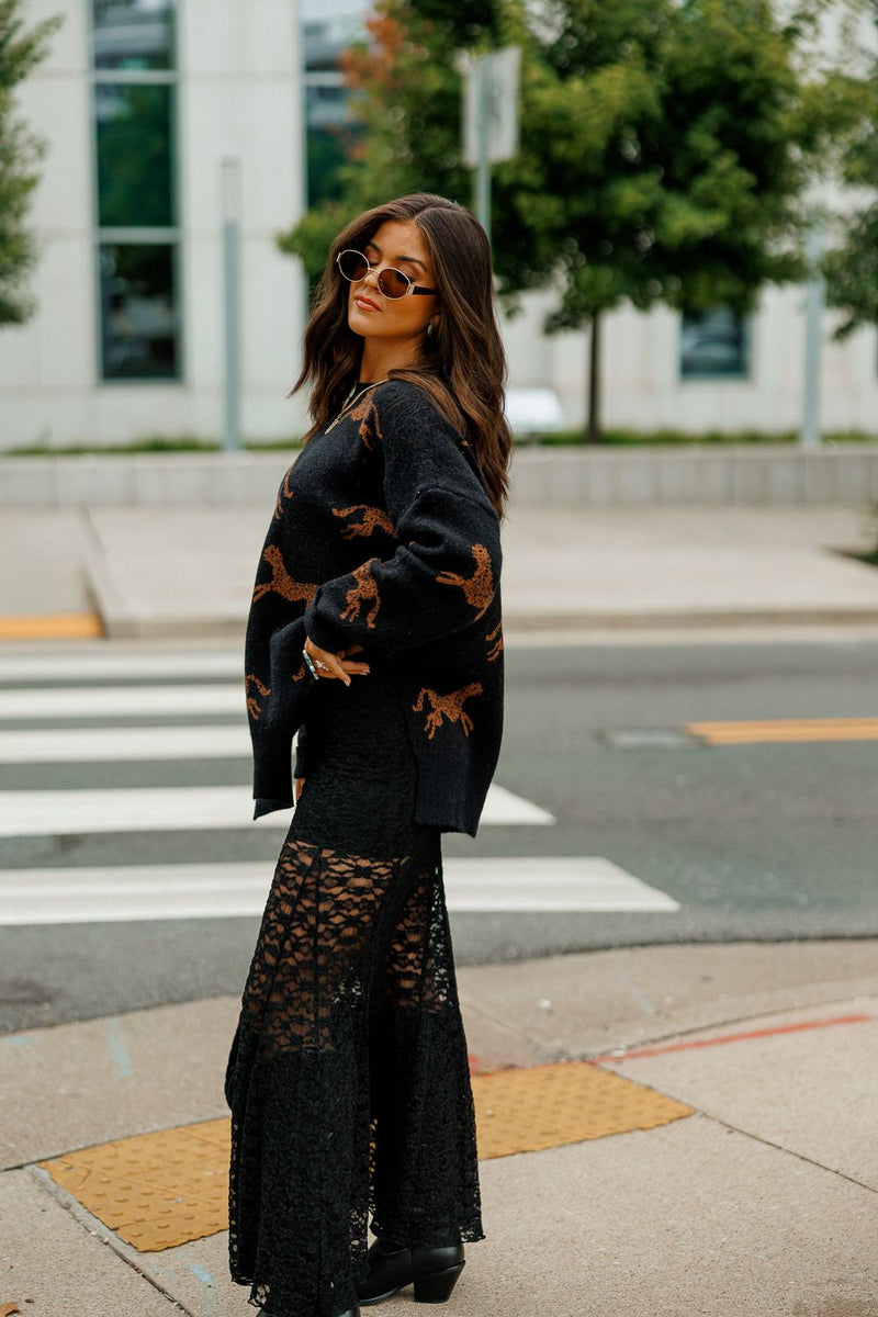 CHEETAH DESIGN KNIT SWEATER: Black