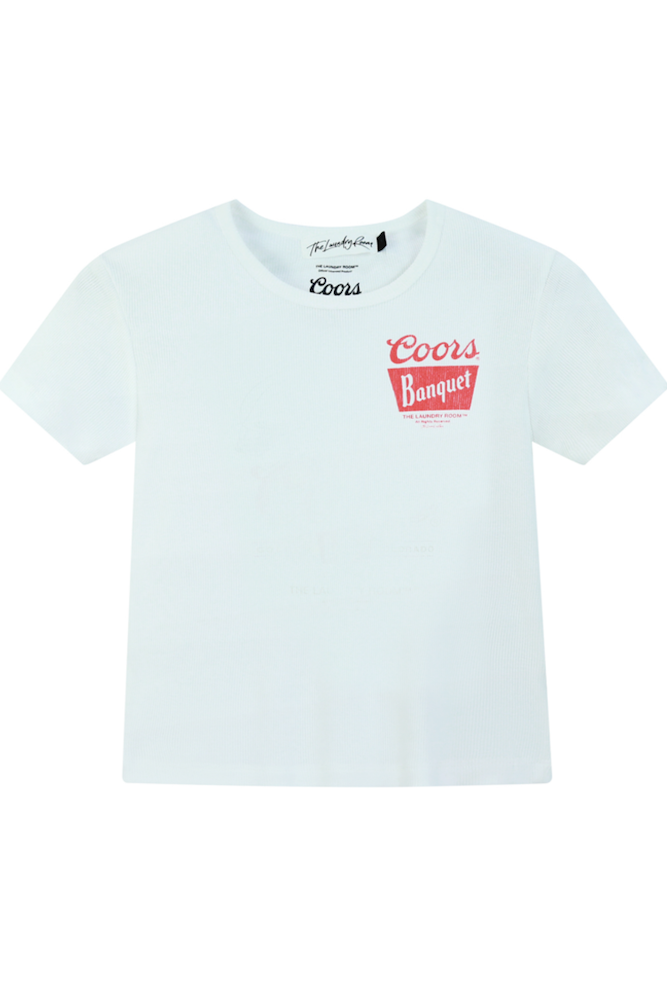 White t-shirt with Coors Banquet logo on a white background
