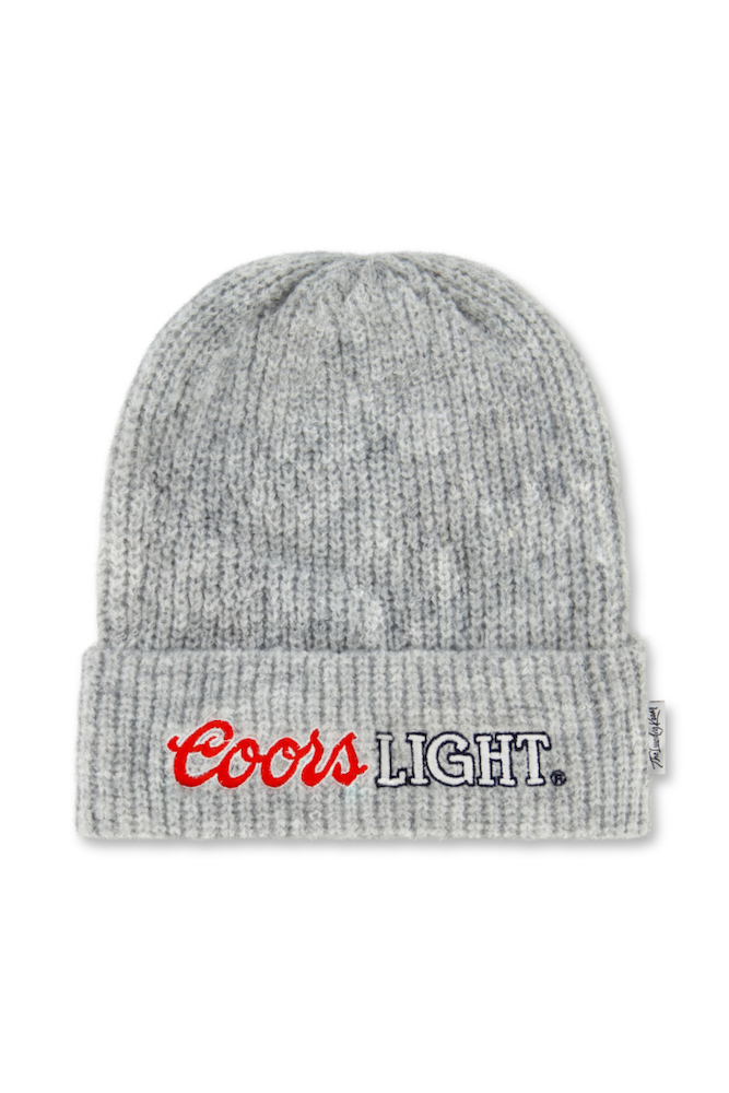 Gray knit beanie with Coors Light logo on a white background