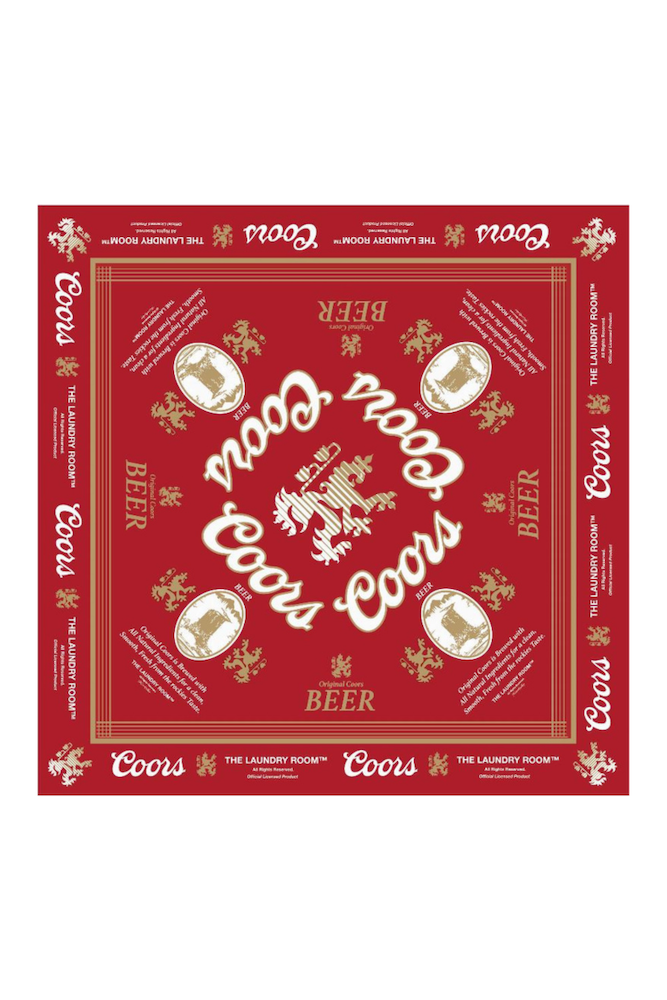 Red Coors beer bandana with brand logo and text on a white background