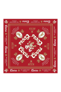 Red Coors beer bandana with brand logo and text on a white background