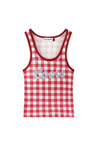 Red and white gingham print tank top with a blue denim Coors logo for women 