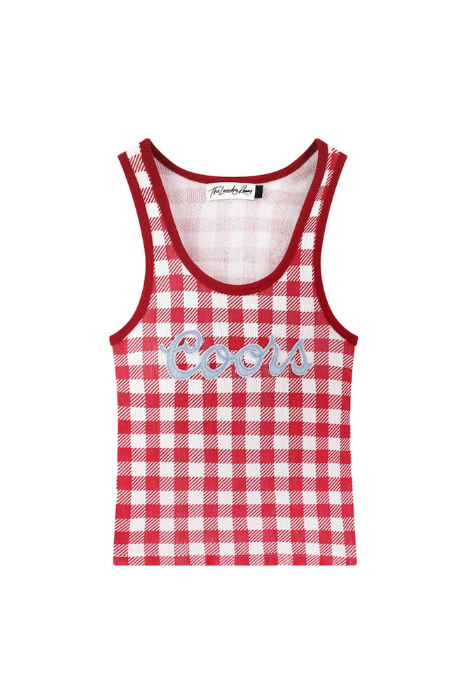 Red and white gingham print tank top with a blue denim Coors logo for women 
