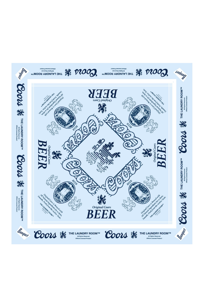 Light Blue Coors branded bandana with beer-themed design on a white background