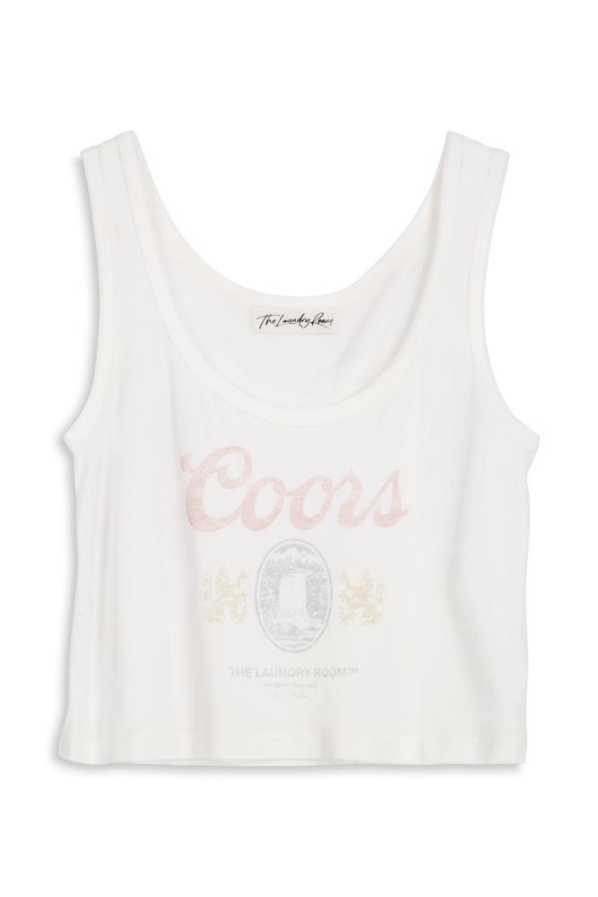 White tank top with faded Coors logo graphic design on a white background