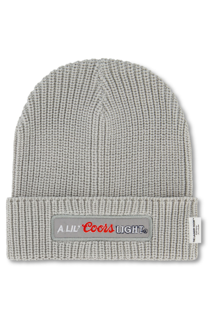 grey knitted beanie with "A lil Coors light" patch on the front