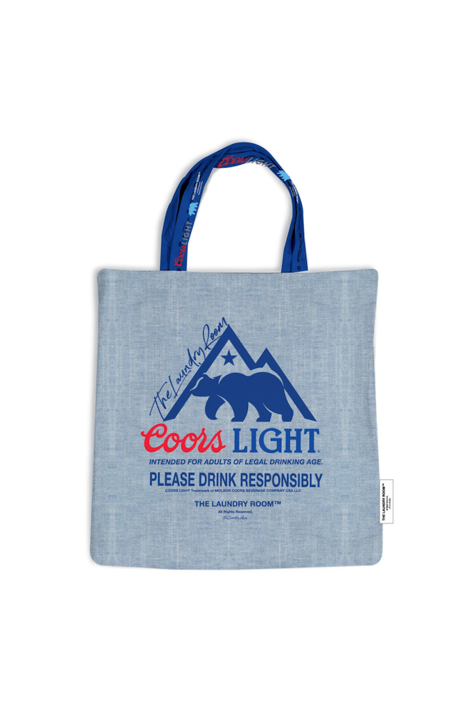 Blue Denim tote bag with Coors Light branding on a white background
