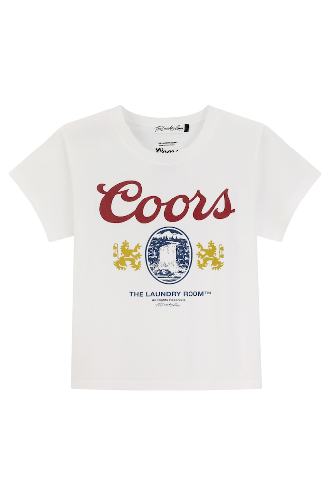 White t-shirt with 'Coors' and logo on a white background