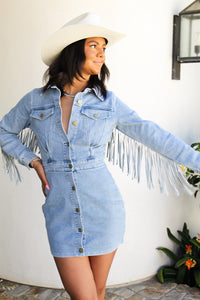 Music City Fringe Button Up Dress- Light Denim