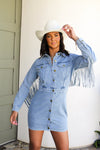 Music City Fringe Button Up Dress- Light Denim