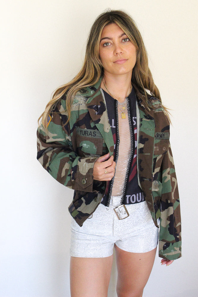 Iron Maiden Distressed Cropped Camo Jacket – Trendy and Tipsy