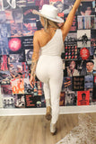 Rihanna Rhinestone One Shoulder Jumpsuit - White