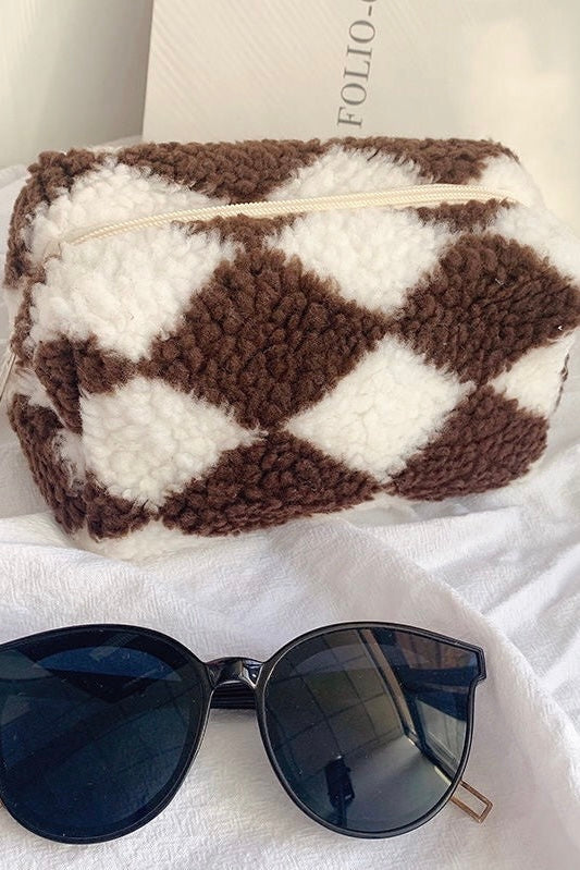 Checkered Cosmetic Bag - Brown