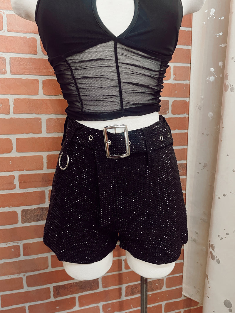 Glam Rhinestone Shorts - Black